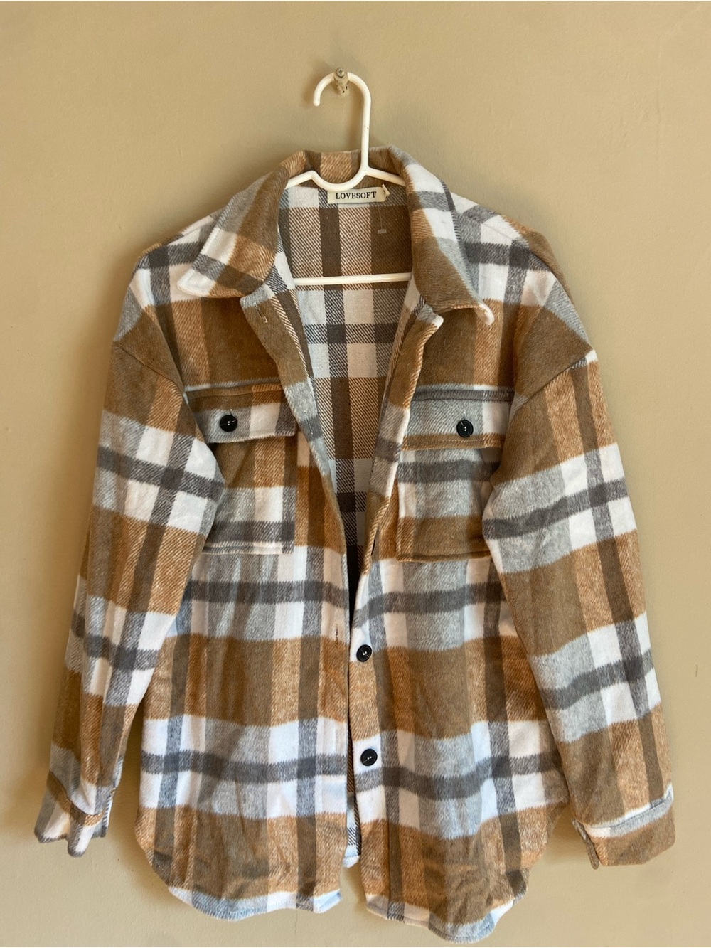 LOVESOFT Plaid Shacket in Camel White Gray